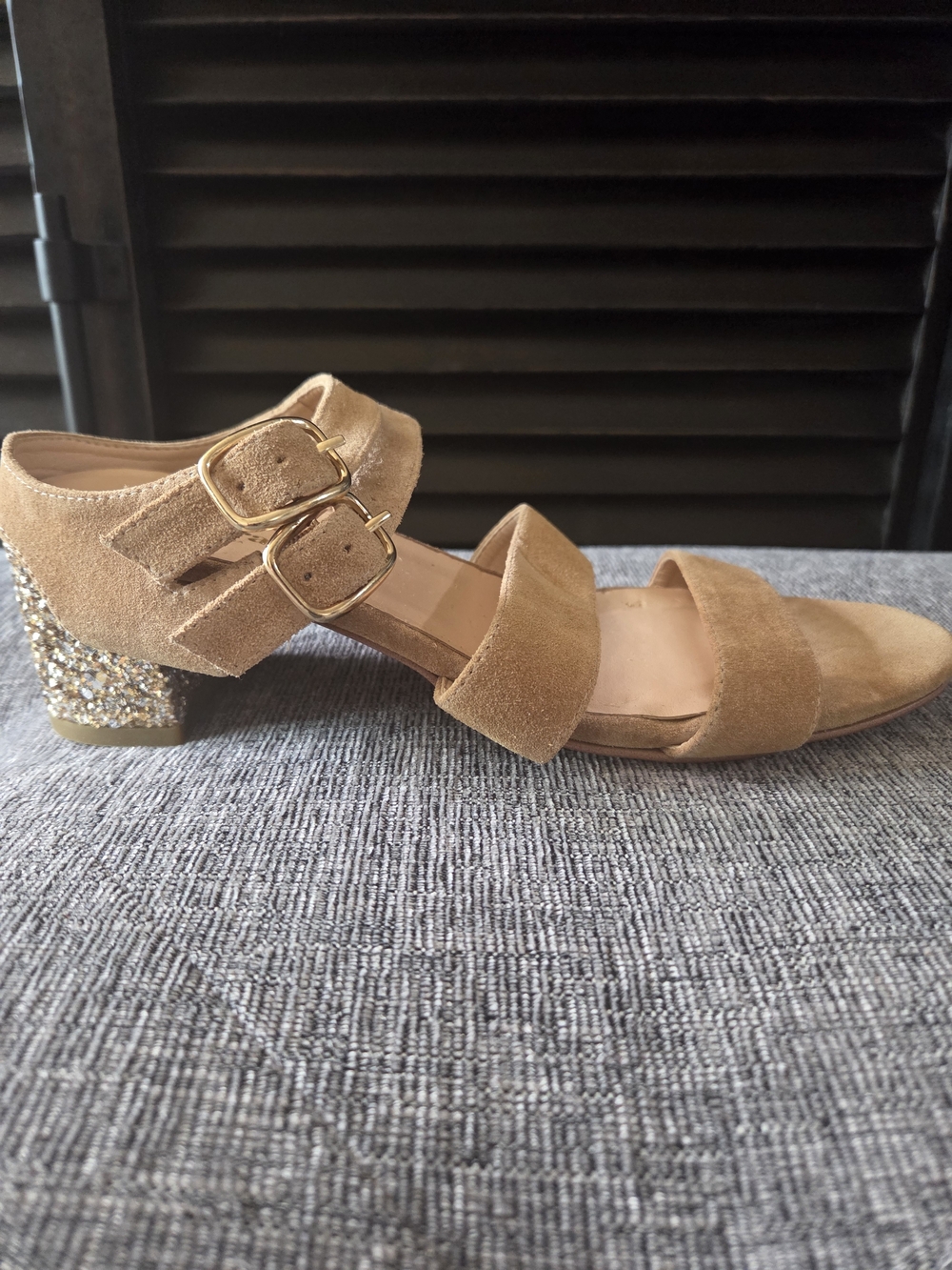 FOR LOVE & LEMONS X MARAIS JARDIN Camel Suede Glitter Block Heel Sandals Size 10